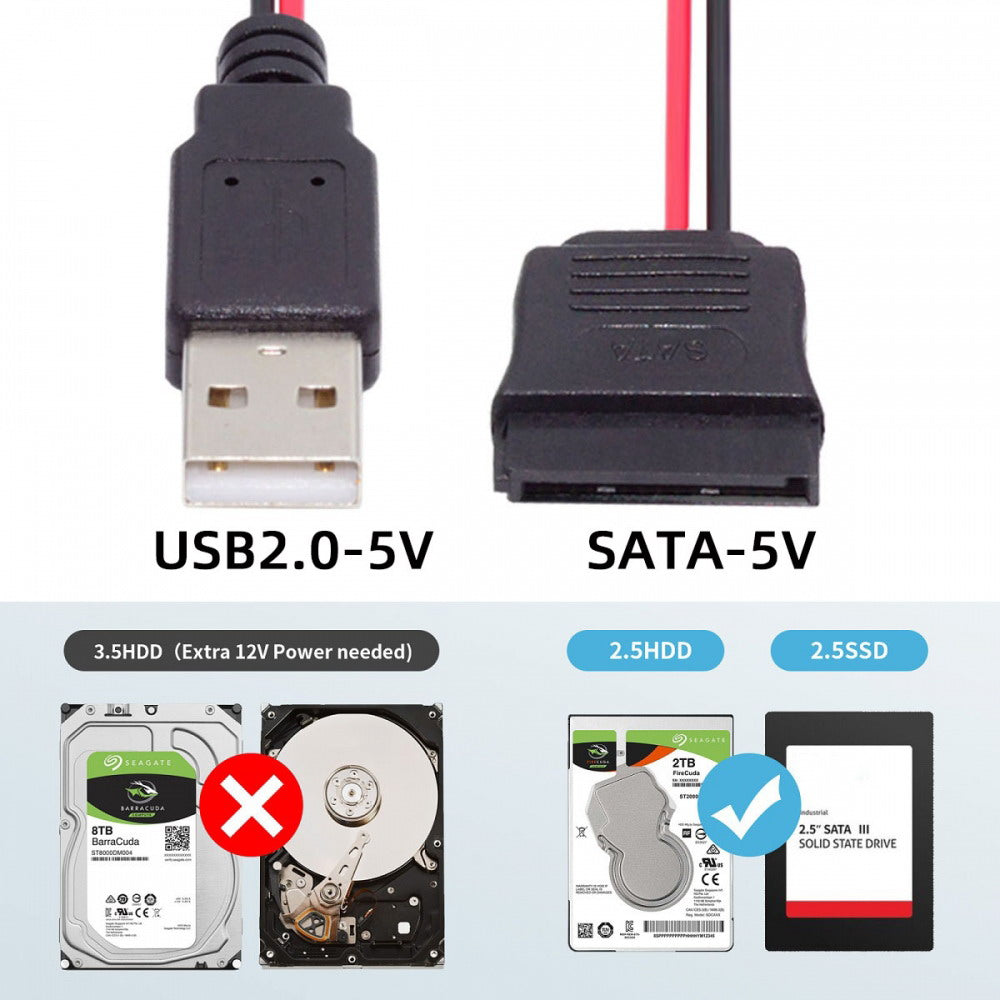 DC 5V Single USB to SATA 15Pin Power Cable for 2.5 inch SATA HDD SSD Disk Driver 5V 2A Max U2-070-1P