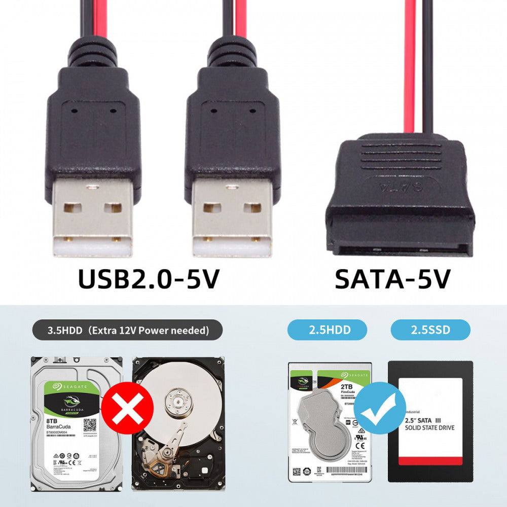 DC 5V Dual USB to SATA 15Pin Power Cable for 2.5 inch SATA HDD SSD Disk Driver 5V 2A Max U2-070-2P