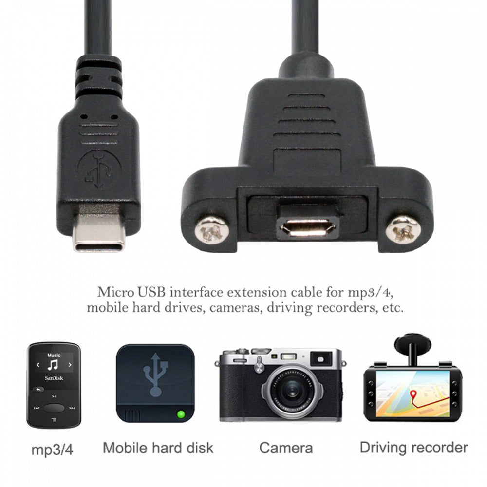 USB2.0 Micro 5Pin Female to Type-C USB-C Male Power Cable 480Mbps Data with Panel Mount Holes 50cm U2-097-TC