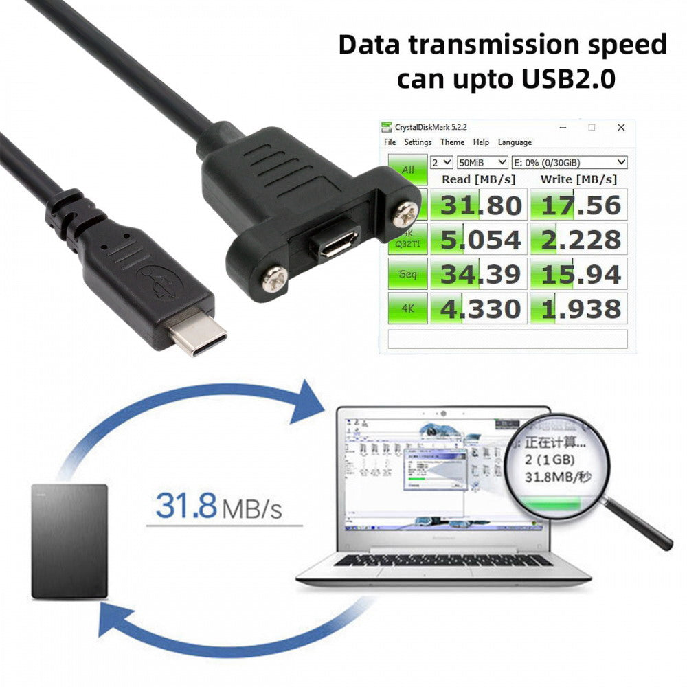 USB2.0 Micro 5Pin Female to Type-C USB-C Male Power Cable 480Mbps Data with Panel Mount Holes 50cm U2-097-TC