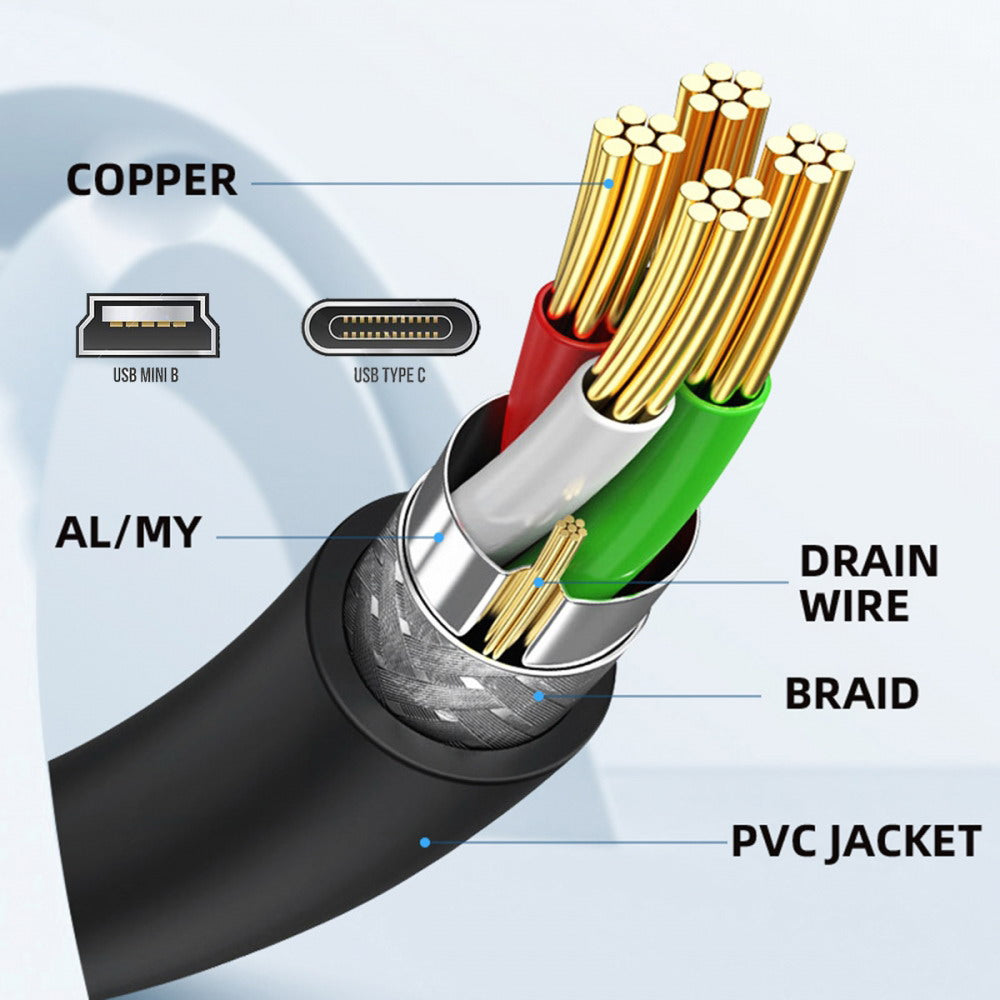 USB2.0 Micro 5Pin Female to Type-C USB-C Male Power Cable 480Mbps Data with Panel Mount Holes 50cm U2-097-TC
