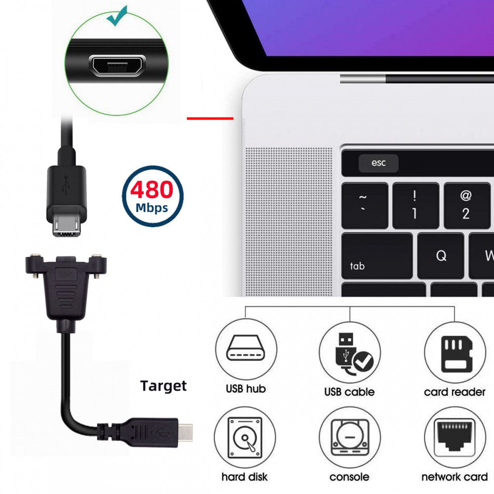 USB2.0 Micro 5Pin Female to Type-C USB-C Male Power Cable 480Mbps Data with Panel Mount Holes 50cm U2-097-TC