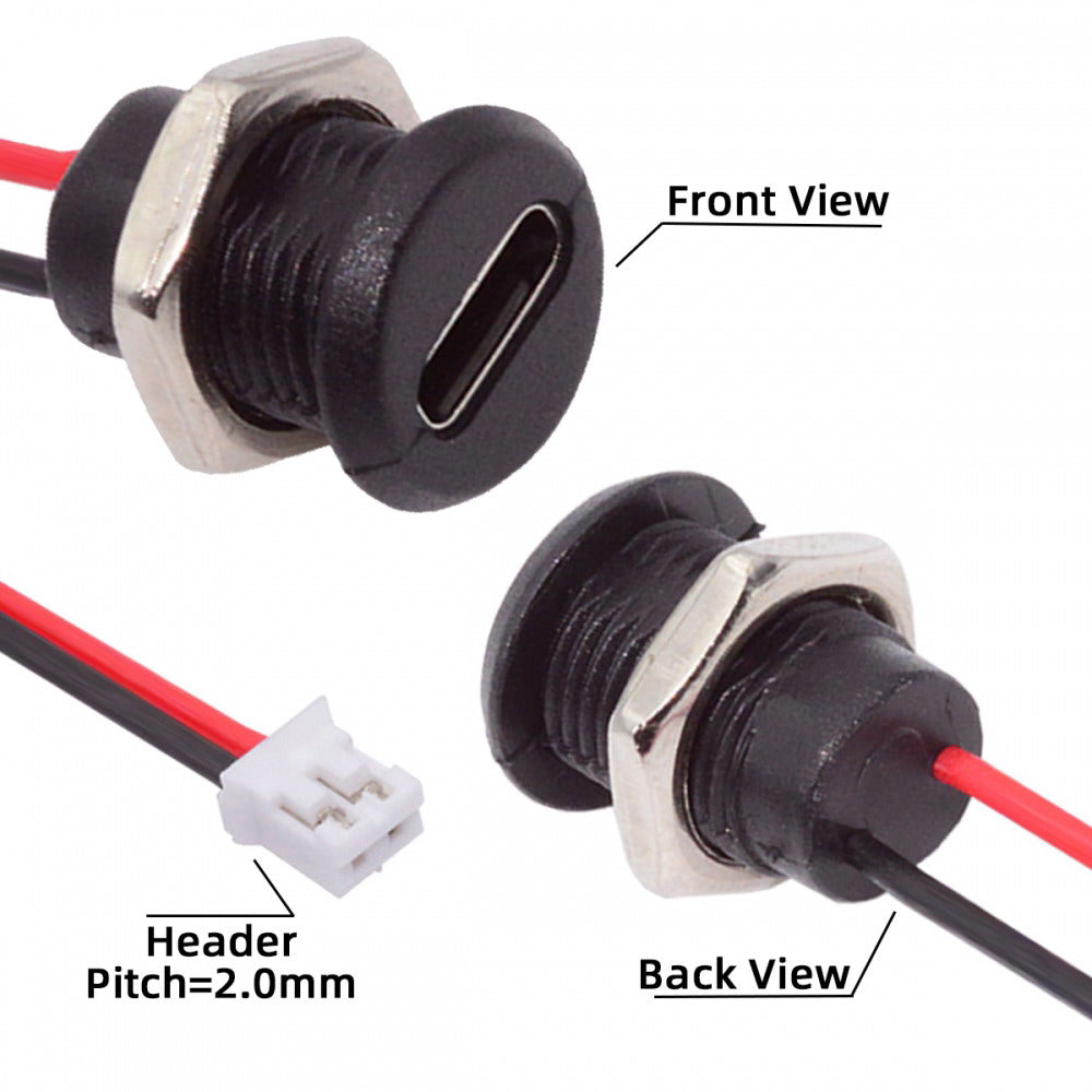 5pcs/set DIY OEM Type C Female Socket to 2Pin Header Cable Pitch=2.0mm Panel Mount Type DC 5V Power CN-015-2P