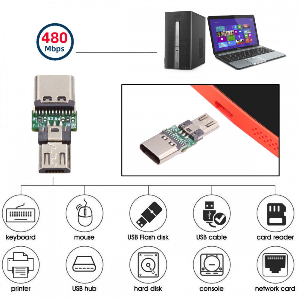 5pcs/lot Micro USB 2.0 5Pin Male Connector to USB Type-C Female Power Data PCBA Adapter for Tablet Phone Laptop CN-016-CF
