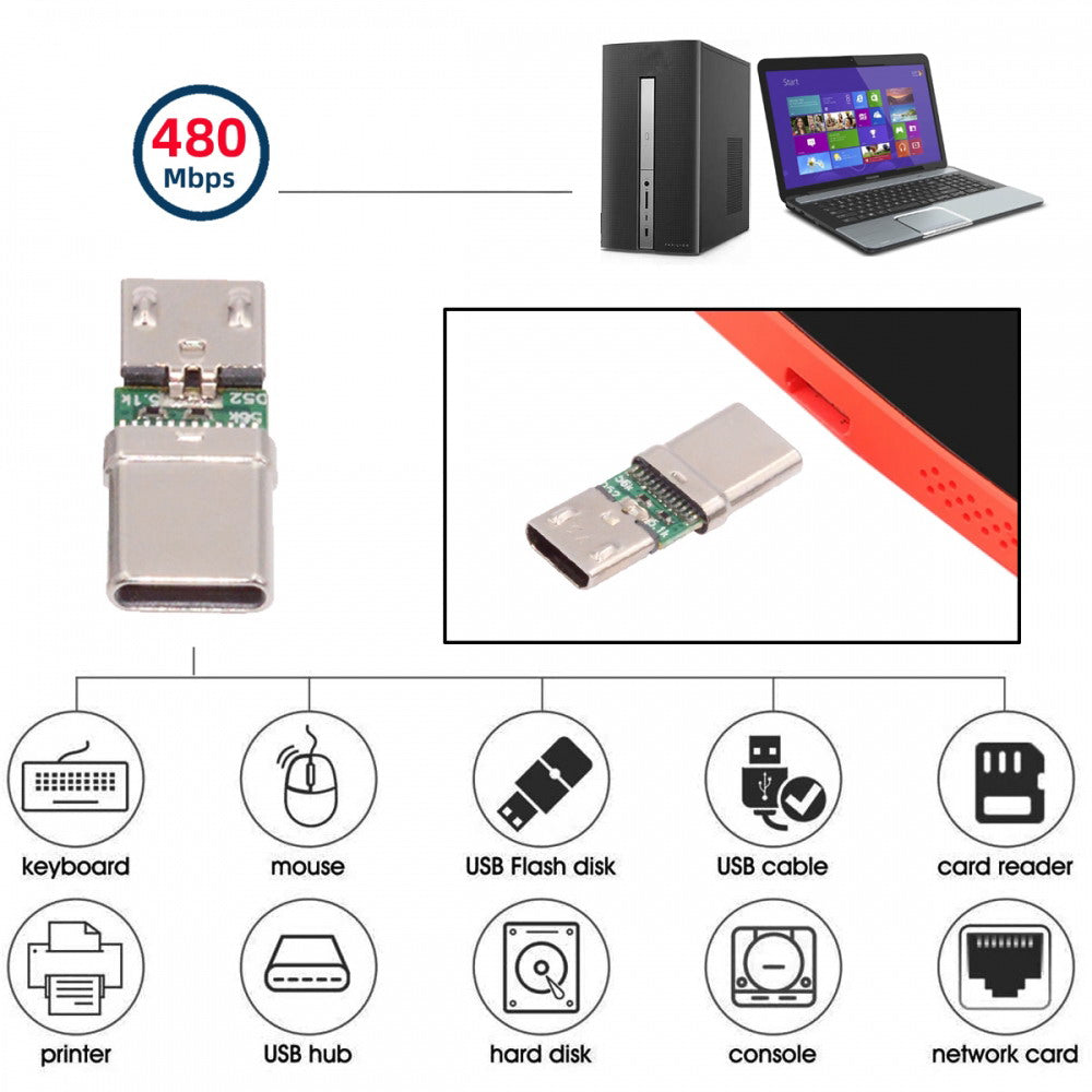 5pcs/lot Micro USB 2.0 5Pin Female Connector to USB Type-C Male Power Data PCBA Adapter for Tablet Phone Laptop CN-016-CM