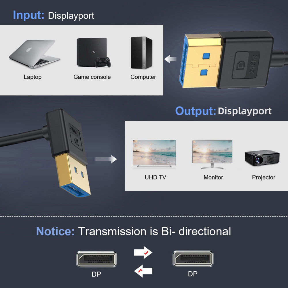 Ultrafine Down Angled DisplayPort 1.4 DP to DP Cable 8K 60hz Cable Ultra-HD UHD 4K 144hz 90 Degree for Desktop Laptop Monitor 100cm DP-011-DN