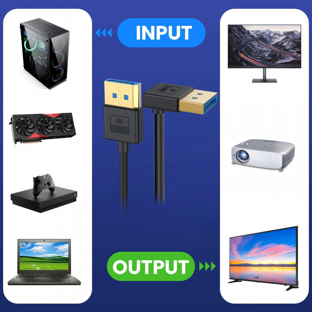 Ultrafine Down Angled DisplayPort 1.4 DP to DP Cable 8K 60hz Cable Ultra-HD UHD 4K 144hz 90 Degree for Desktop Laptop Monitor 100cm DP-011-DN