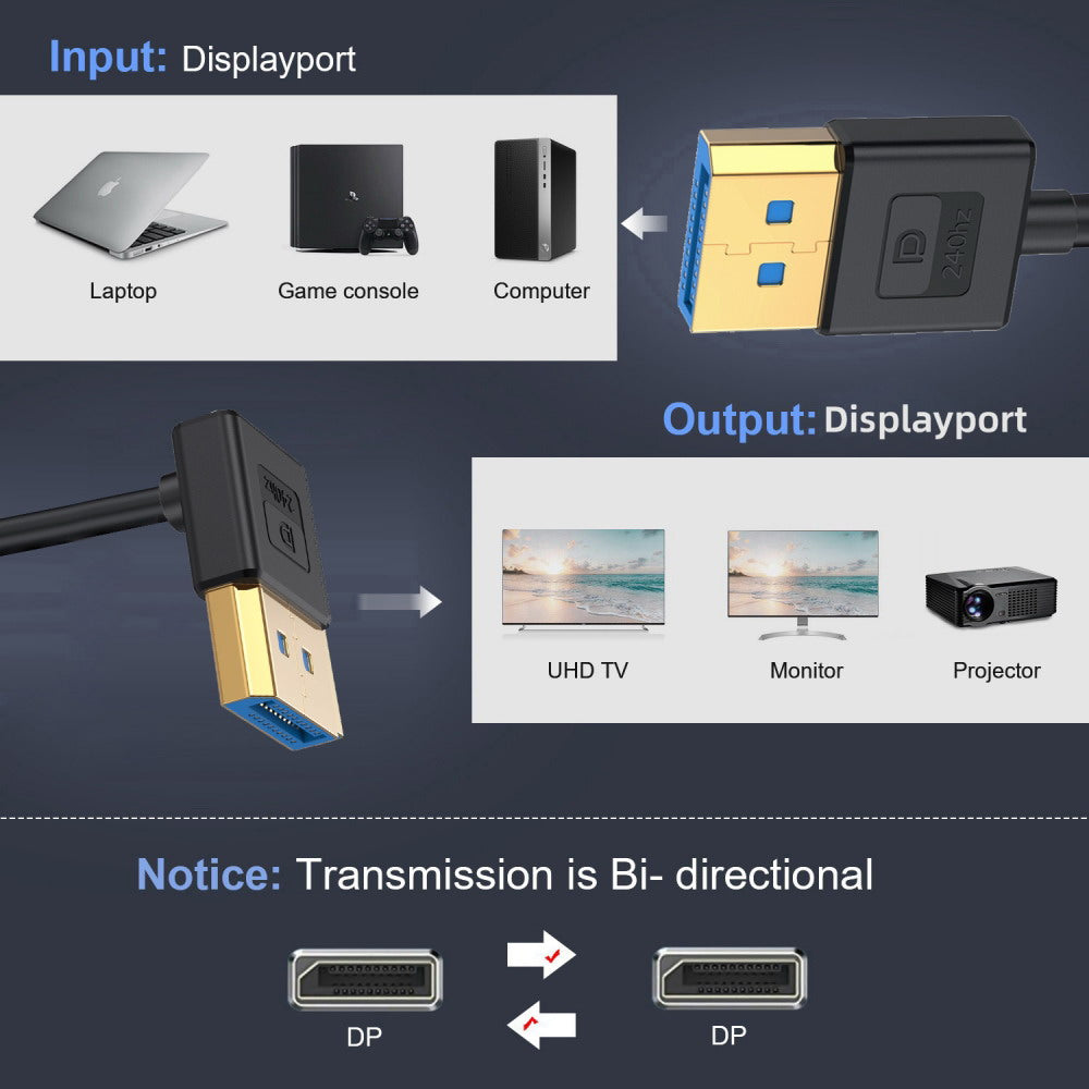 Ultrafine Up Angled DisplayPort 1.4 DP to DP Cable 8K 60hz Cable Ultra-HD UHD 4K 144hz 90 Degree for Desktop Laptop Monitor 100cm DP-011-UP