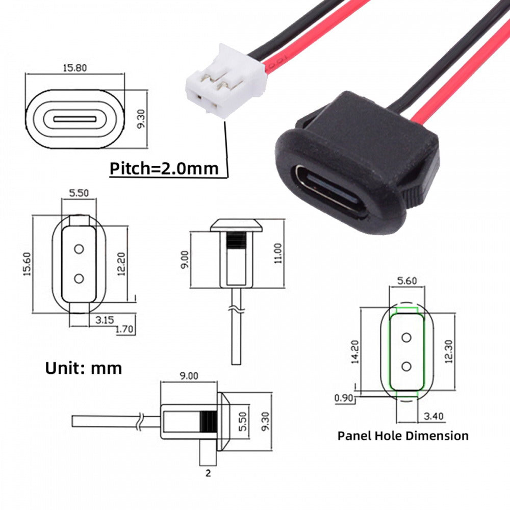 5pcs/set DIY OEM Type C Female Socket to 2Pin Header Cable Pitch=2.0mm Latch Mount Type DC 5V Power CN-025-2P