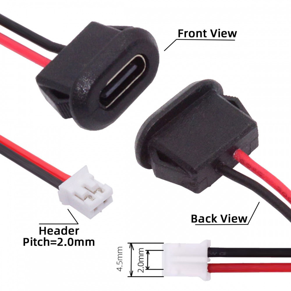5pcs/set DIY OEM Type C Female Socket to 2Pin Header Cable Pitch=2.0mm Latch Mount Type DC 5V Power CN-025-2P