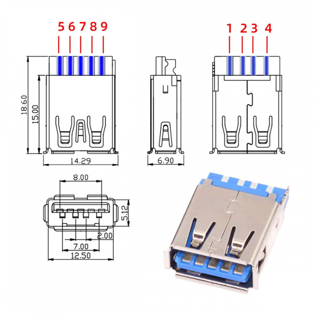 USB 3.0 Type-A Female Socket Receptacle Connector Solder Type with Aluminum Alloy Shell Customization for 6.0mm Cable CN-024-FE