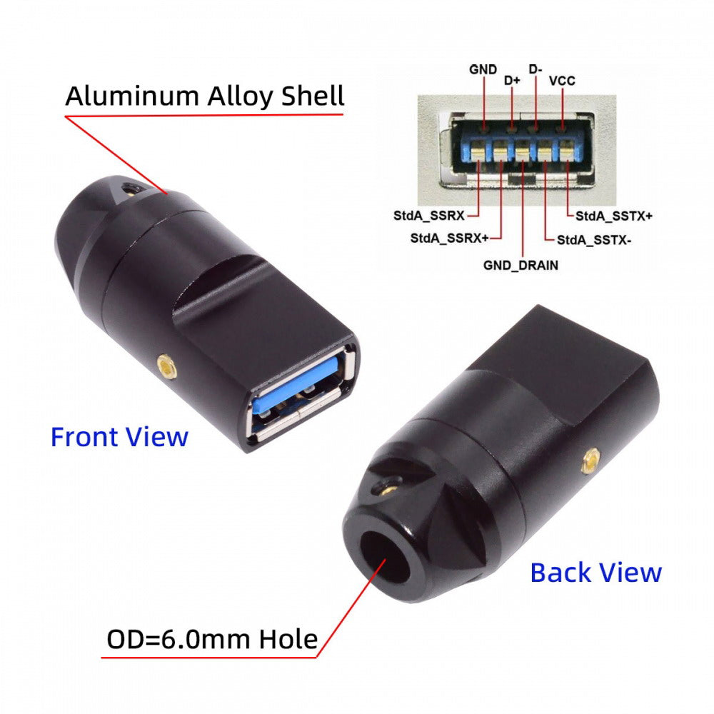 USB 3.0 Type-A Female Socket Receptacle Connector Solder Type with Aluminum Alloy Shell Customization for 6.0mm Cable CN-024-FE