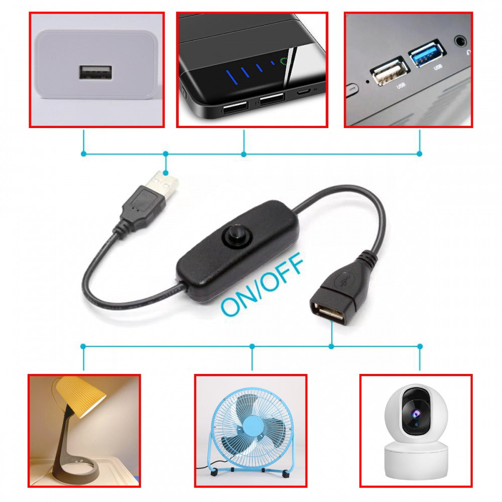 USB2.0 Cable with On Off Power Switch Button USB Type-A Male to Female for DC 5V Desk Lamp Fan Camera PW-012-AM