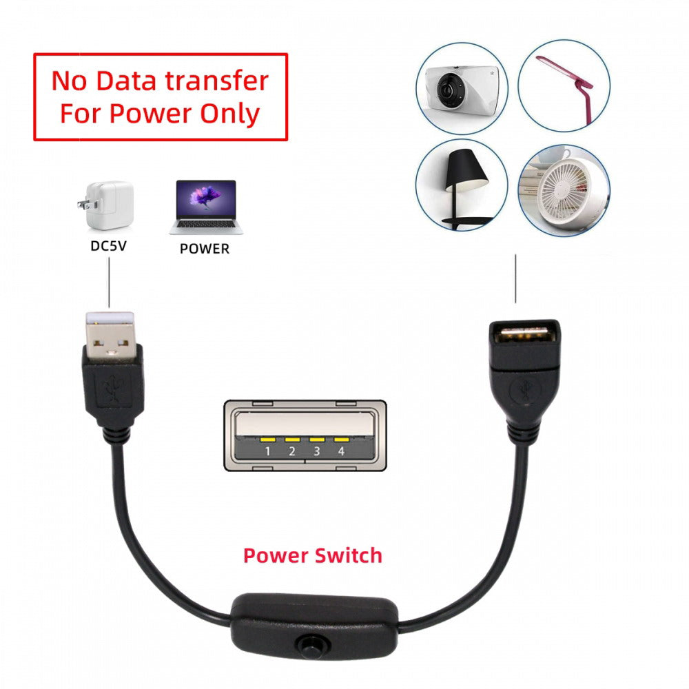 USB2.0 Cable with On Off Power Switch Button USB Type-A Male to Female for DC 5V Desk Lamp Fan Camera PW-012-AM