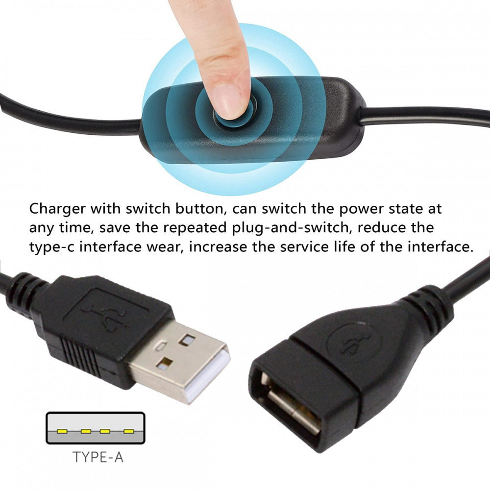 USB2.0 Cable with On Off Power Switch Button USB Type-A Male to Female for DC 5V Desk Lamp Fan Camera PW-012-AM