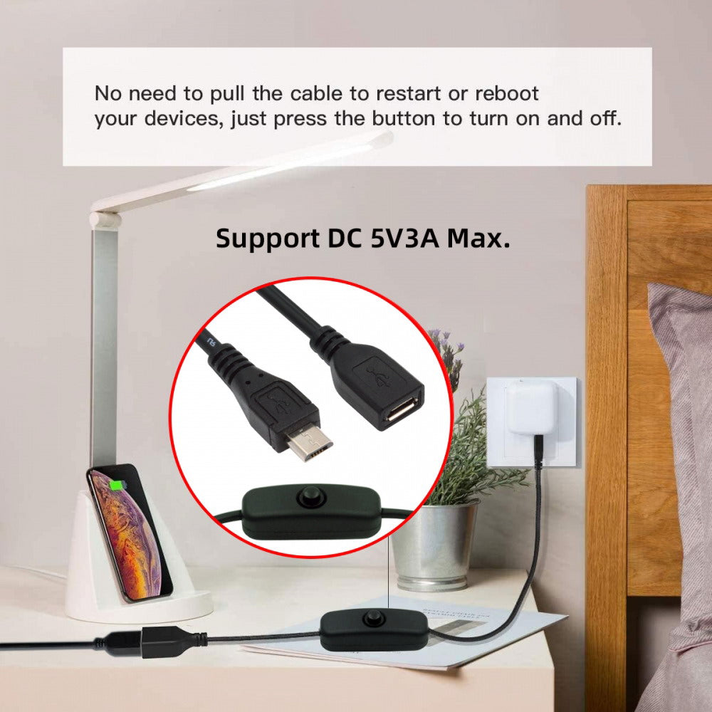 Micro USB2.0 Cable with On Off Power Switch Button Micro 5Pin Male to Female for DC 5V Desk Lamp Fan Camera PW-012-MM