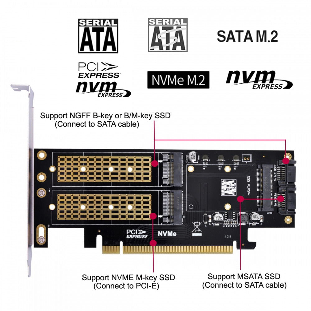 PCI Express PCI-E 3.0 Dual SATA to NGFF NVME MSATA M-Key B/M-key SSD Card Adapter 3in1 SA-028