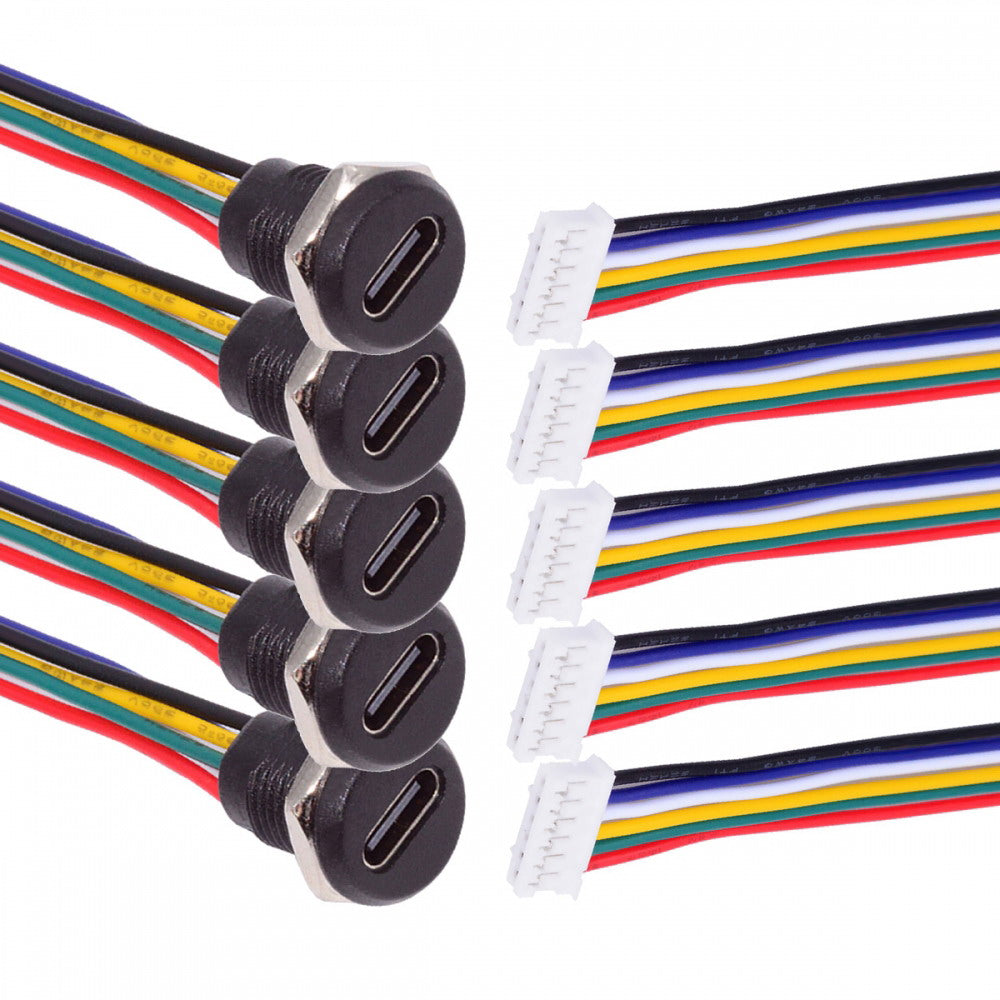 5pcs/set DIY OEM Type C Female Socket to 6Pin Header Cable Pitch=2.0mm Panel Mount DC 5V/20V PD Power CN-015-6P