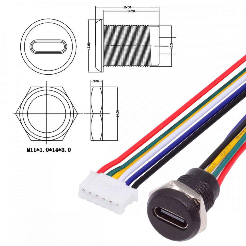 5pcs/set DIY OEM Type C Female Socket to 6Pin Header Cable Pitch=2.0mm Panel Mount DC 5V/20V PD Power CN-015-6P