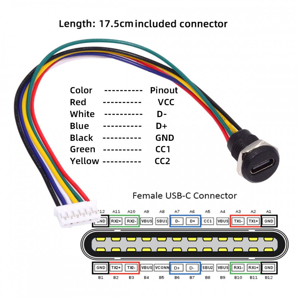 5pcs/set DIY OEM Type C Female Socket to 6Pin Header Cable Pitch=2.0mm Panel Mount DC 5V/20V PD Power CN-015-6P