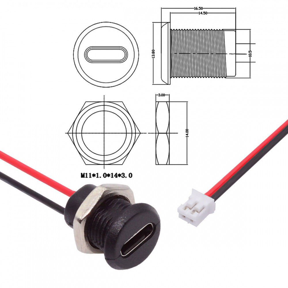 5pcs/set DIY OEM Type C Female Socket to 2Pin Header Cable Pitch=2.0mm Panel Mount Type DC 5V Power CN-015-2P