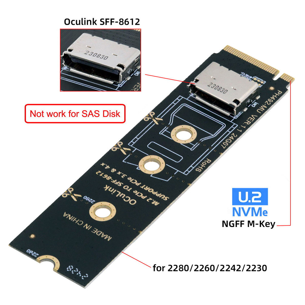 Chenyang 2280 PCI-E4.0 M.2 M-key to Oculink SFF-8612 SFF-8611 Vertical Host Adapter for NVME U.2 SSD eGPU