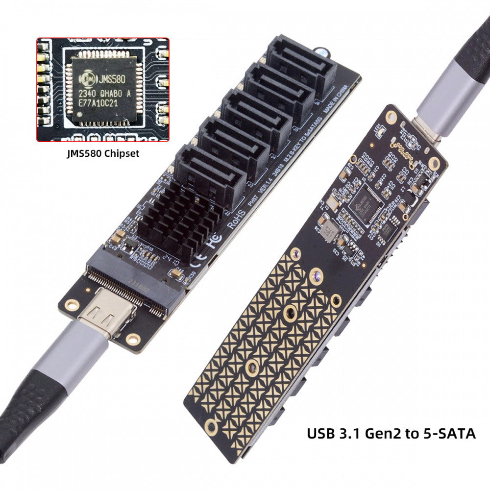 Chenyang 10Gbps USB-C Type-C to NGFF Key B+M SATA 6Gbps 5 Ports Adapter Converter PM Port Multiplier Selector JMB575 JMS580