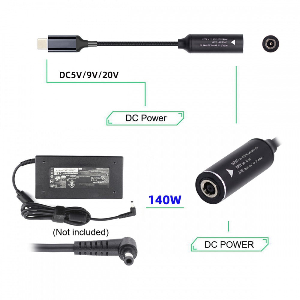 DC Jack 4.5X3.0mm Input to USB-C Type-C Power 140W Charge Cable for Laptop Phone PD9V 5V 20V7A