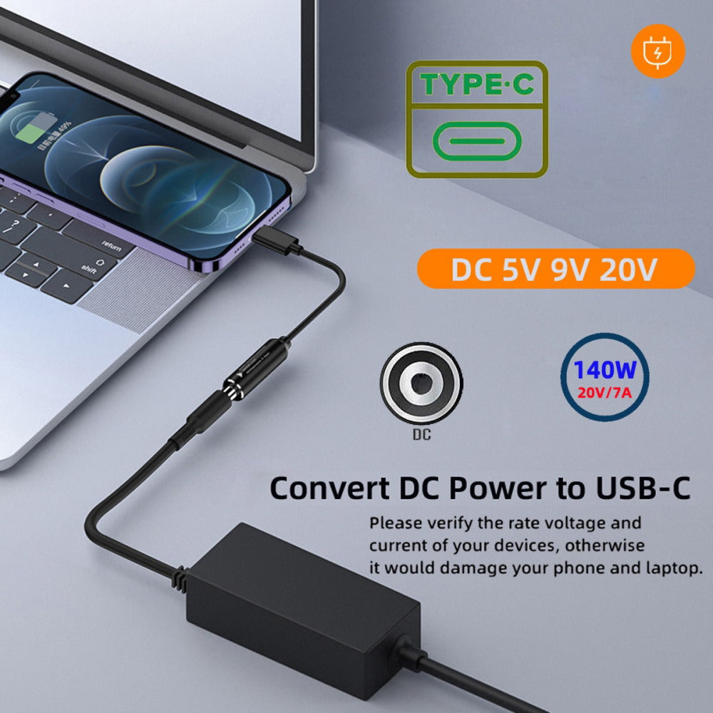 DC Jack 4.5X3.0mm Input to USB-C Type-C Power 140W Charge Cable for Laptop Phone PD9V 5V 20V7A