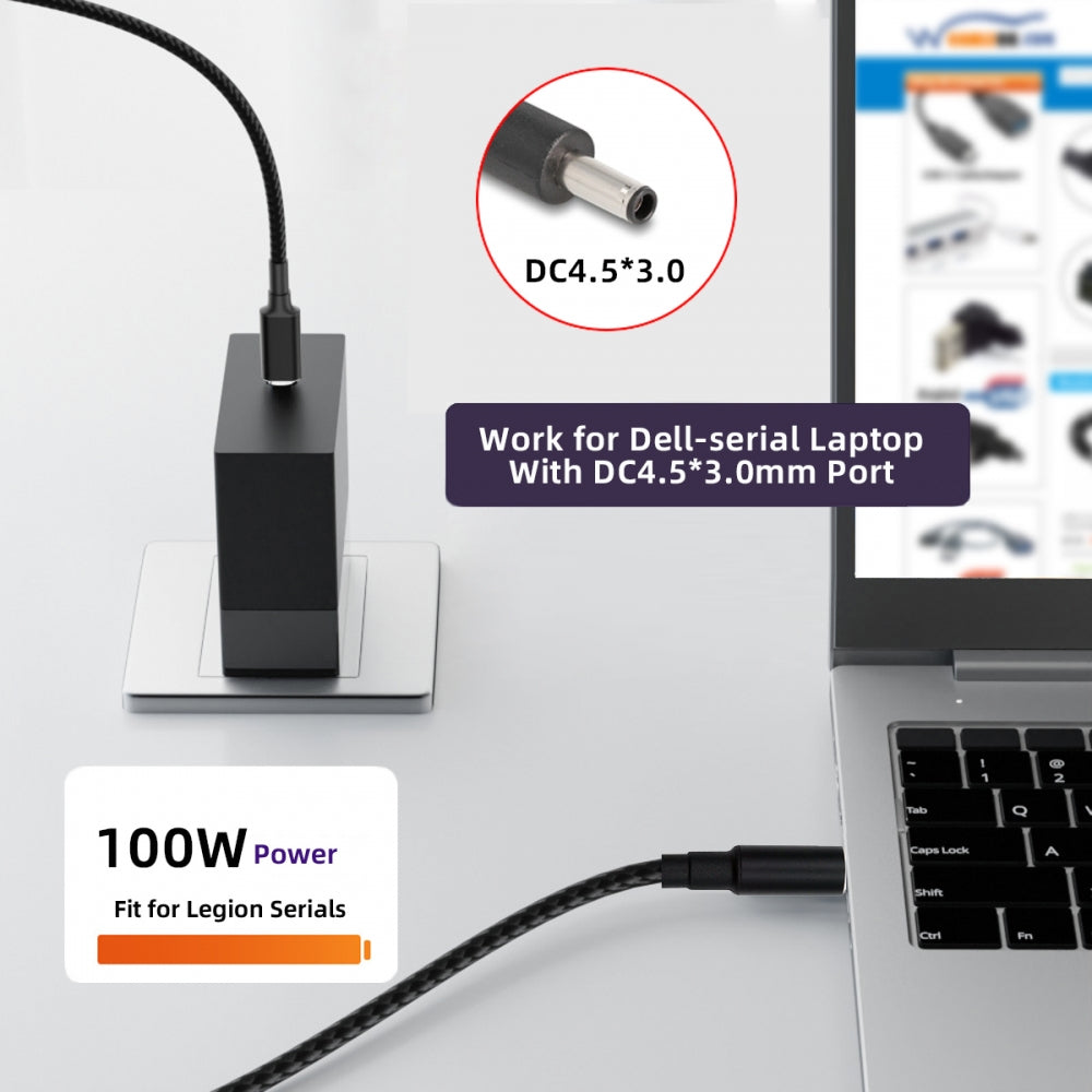 100W Type C USB-C Input to 20V DC 4.5*3.0mm Output Power 20V 5A 65W PD Charge Cable compatible with DELL-Laptop