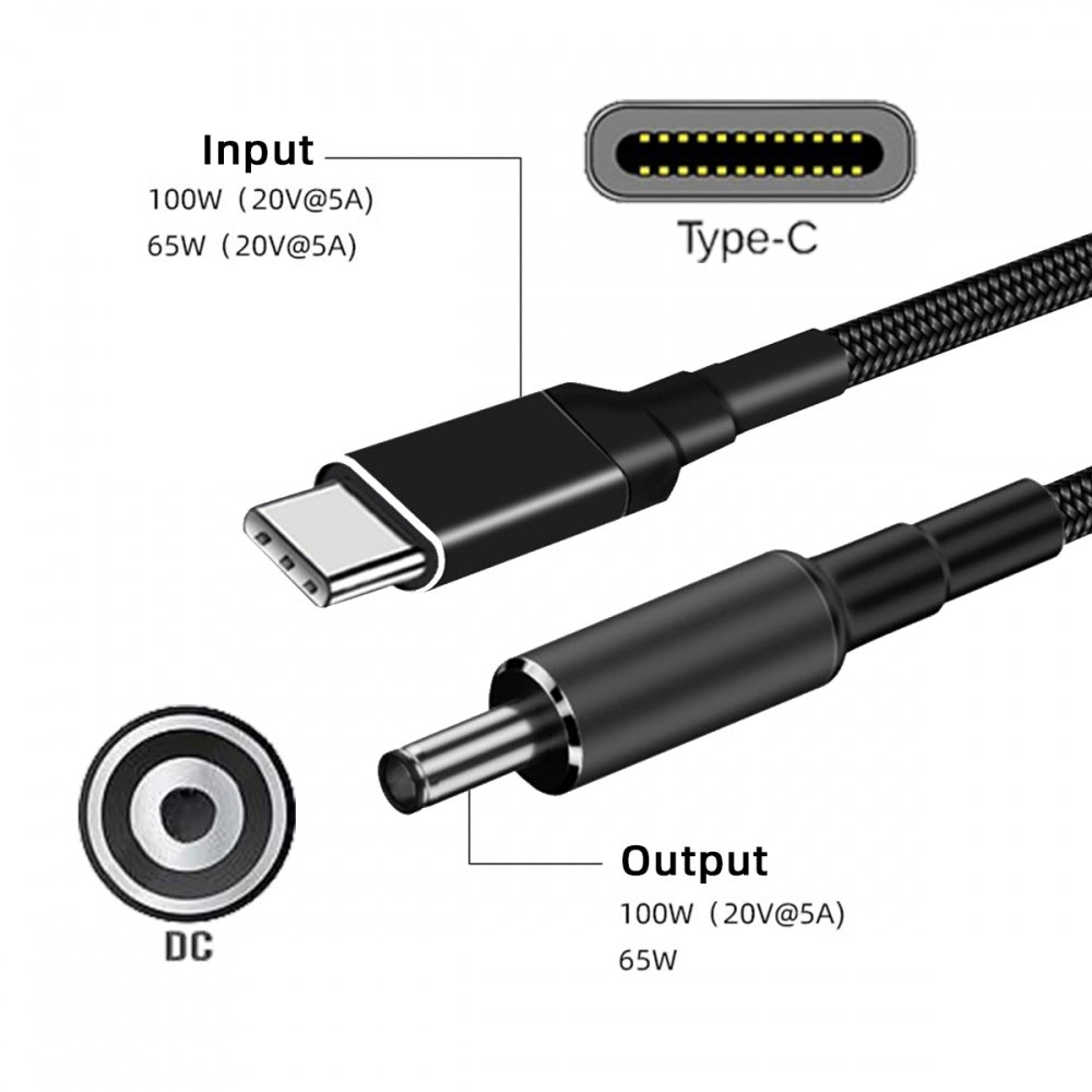 100W Type C USB-C Input to 20V DC 5.5*2.1mm Output Power 20V 5A 65W PD Charge Cable for Laptop