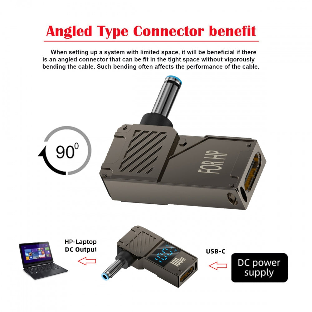 Type-C USB-C Input to DC 4.5x3.0mm Jack Smart LED Display 100W Output Power 20V 5A PD Charge 65W Adapter Compatible with Laptop
