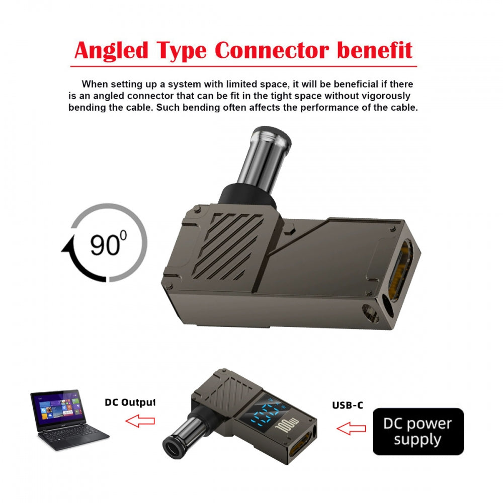 Type-C USB-C Input to DC 6.0x4.4mm Jack Smart LED Display 100W Output Power 20V 5A PD Charge 65W Adapter for Laptop
