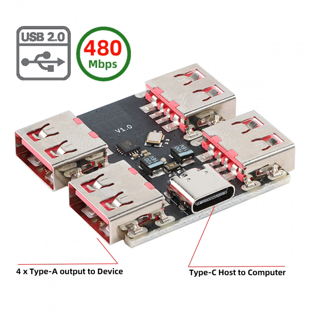 USB 2.0 1-to-4 Four Ports HUB PCBA PCs 4 Devices Type-C for Keyboard Mouse Scanner Printer