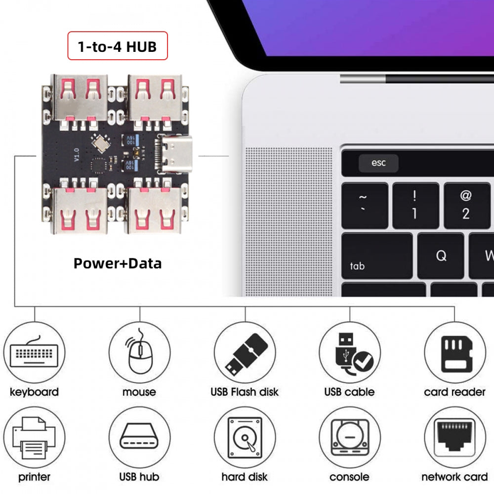 USB 2.0 1-to-4 Four Ports HUB PCBA PCs 4 Devices Type-C for Keyboard Mouse Scanner Printer
