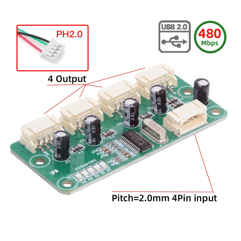 USB 4Pin Pitch=2.0mm Wafer 1-to-4 Four Ports HUB PCBA PCs 4 Devices for Keyboard Mouse Scanner Printer