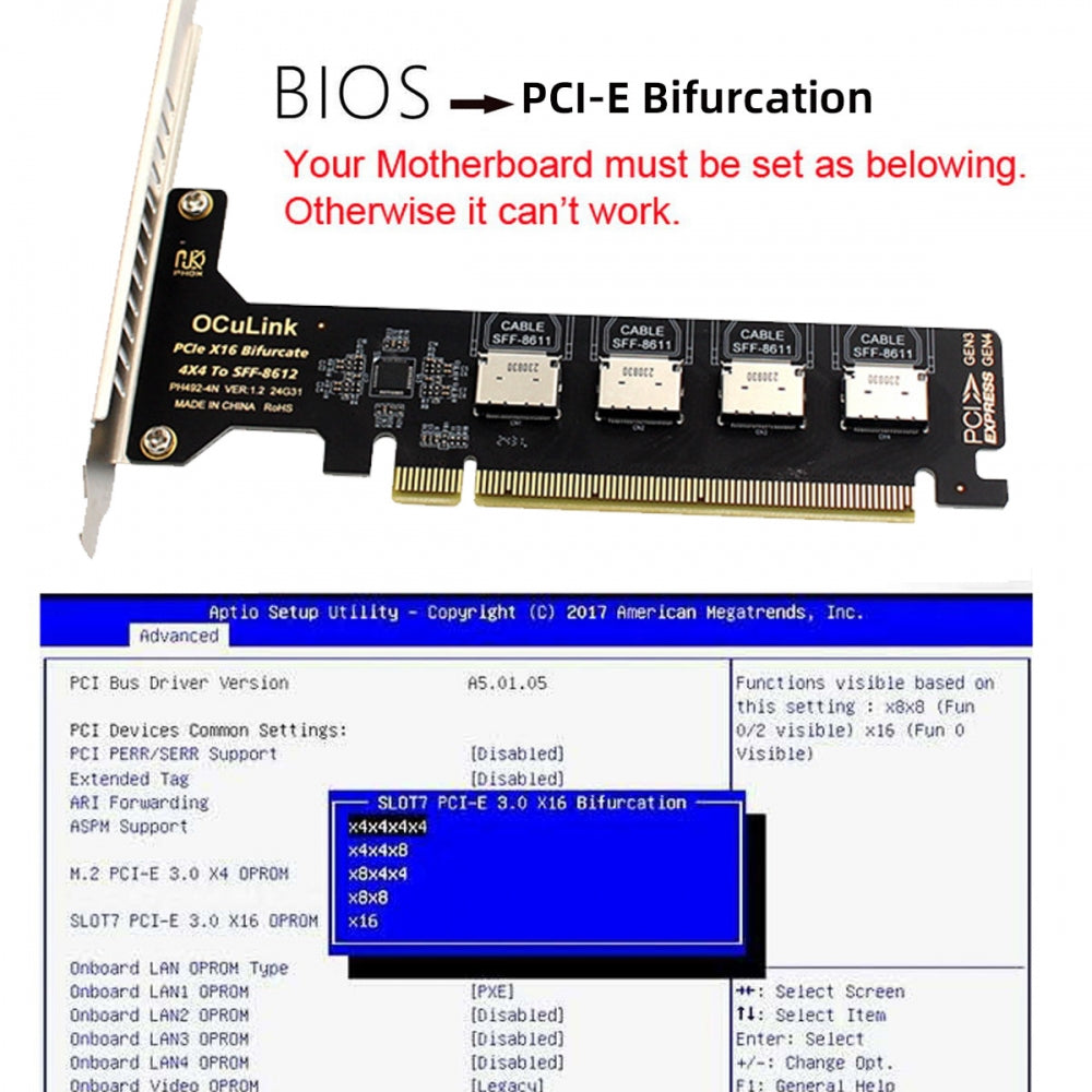 PCI-Express 4.0 PCIE 16x Detachable to Four Oculink SFF-8612 SFF-8611 Internal VROC Raid0 Adapter for U.2 SSD eGPU External Graphics Card Dock
