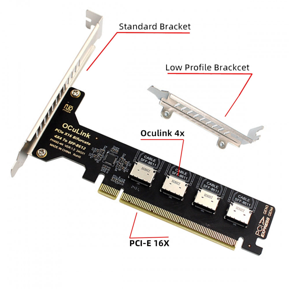 PCI-Express 4.0 PCIE 16x Detachable to Four Oculink SFF-8612 SFF-8611 Internal VROC Raid0 Adapter for U.2 SSD eGPU External Graphics Card Dock