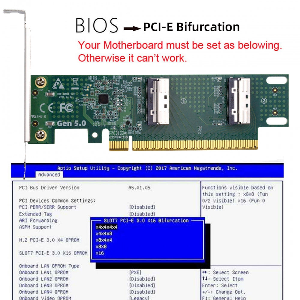 PCIE5.0 PCI-Express 16x to Dual MCIO 8i Mini Cool Edge IO SFF-TA-1016 VROC Virtual RAID Adapter for Mainboard SSD Graphics Card
