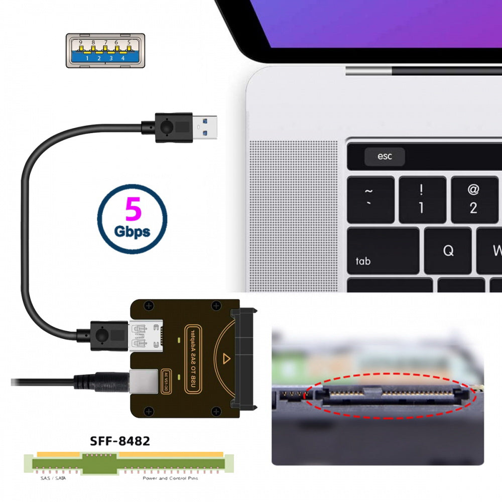 SFF-8482 SAS 29Pin to USB 3.0 5Gbps Hard Disk Drive Raid Adapter with Chipset and Power Port (Need 12V/3A Power Supply)