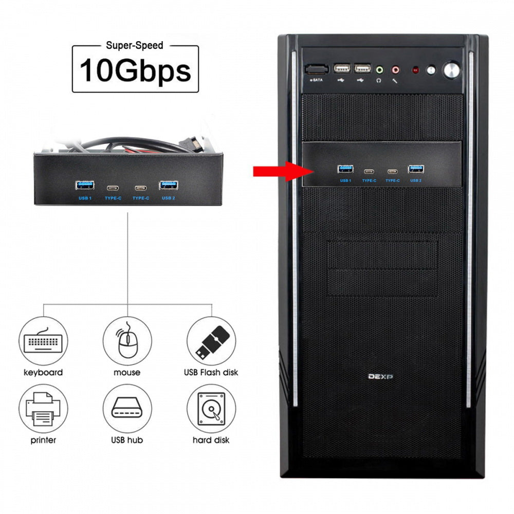 10Gbps USB 3.1 Type-A & Type-C HUB 4 Ports Front Panel to Motherboard Type-E Connector Cable 10Gbps for 5.25" CD-ROM Bay Tray