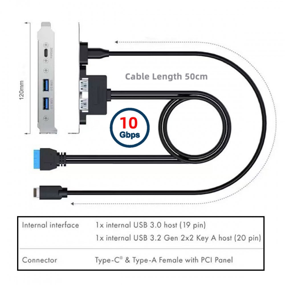10Gbps USB3.0 Motherboard 19/20Pin & Type-E to USB-C Type-C & USB 3.0 Dual Ports Female PCI-E Back Panel 5Gbps Cable