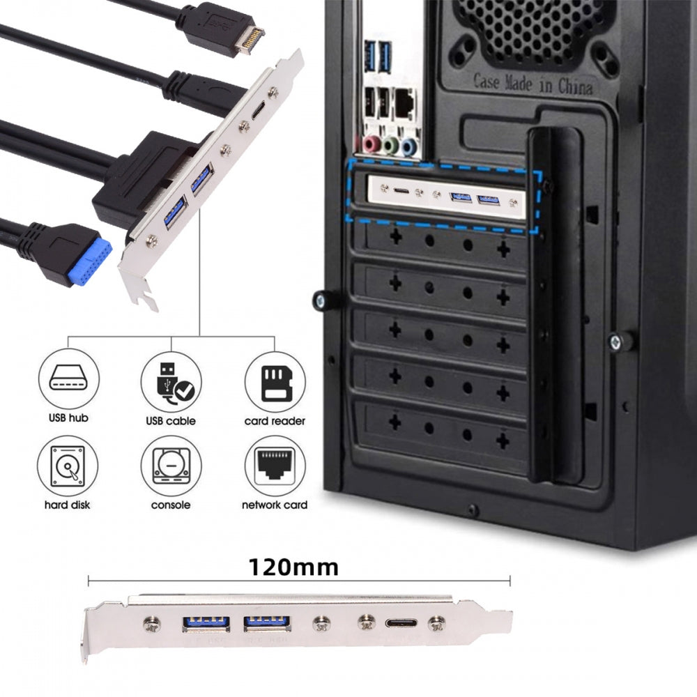 10Gbps USB3.0 Motherboard 19/20Pin & Type-E to USB-C Type-C & USB 3.0 Dual Ports Female PCI-E Back Panel 5Gbps Cable