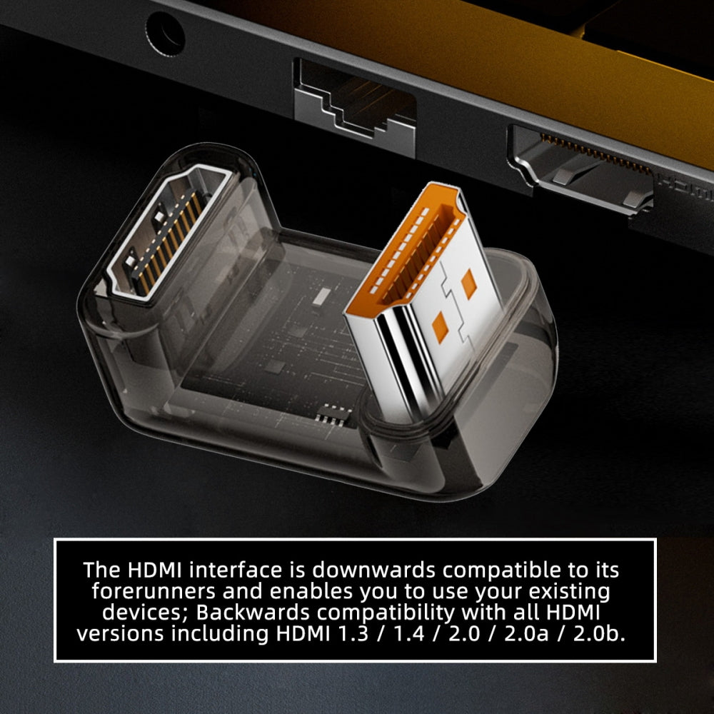 Up Angled 360 Degree Opposite U Shape Back HDMI Male to HDMI 2.1 Female UHD Extension Adapter Extender Transparent with Smart LED 8K 60hz HDTV