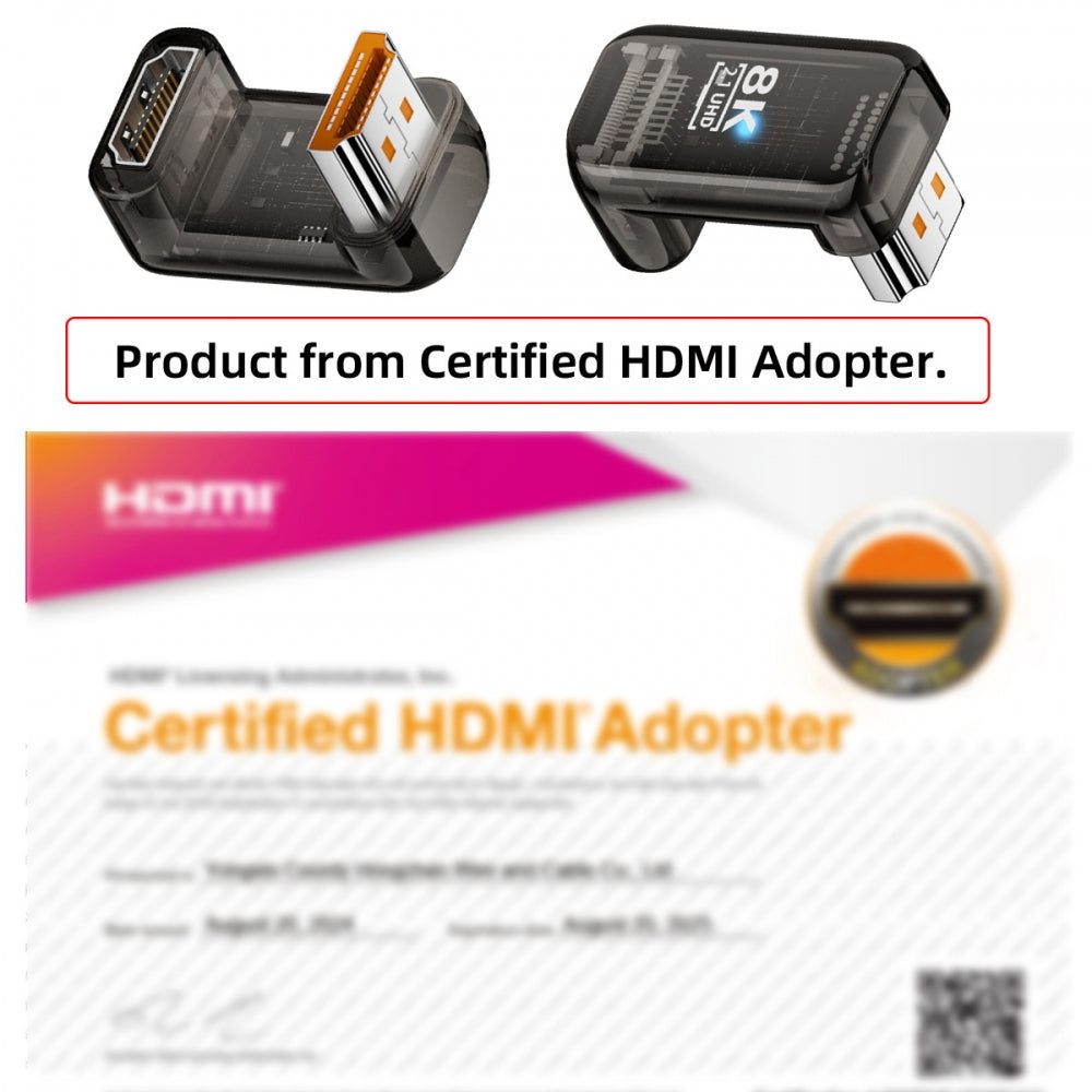 Up Angled 360 Degree Opposite U Shape Back HDMI Male to HDMI 2.1 Female UHD Extension Adapter Extender Transparent with Smart LED 8K 60hz HDTV
