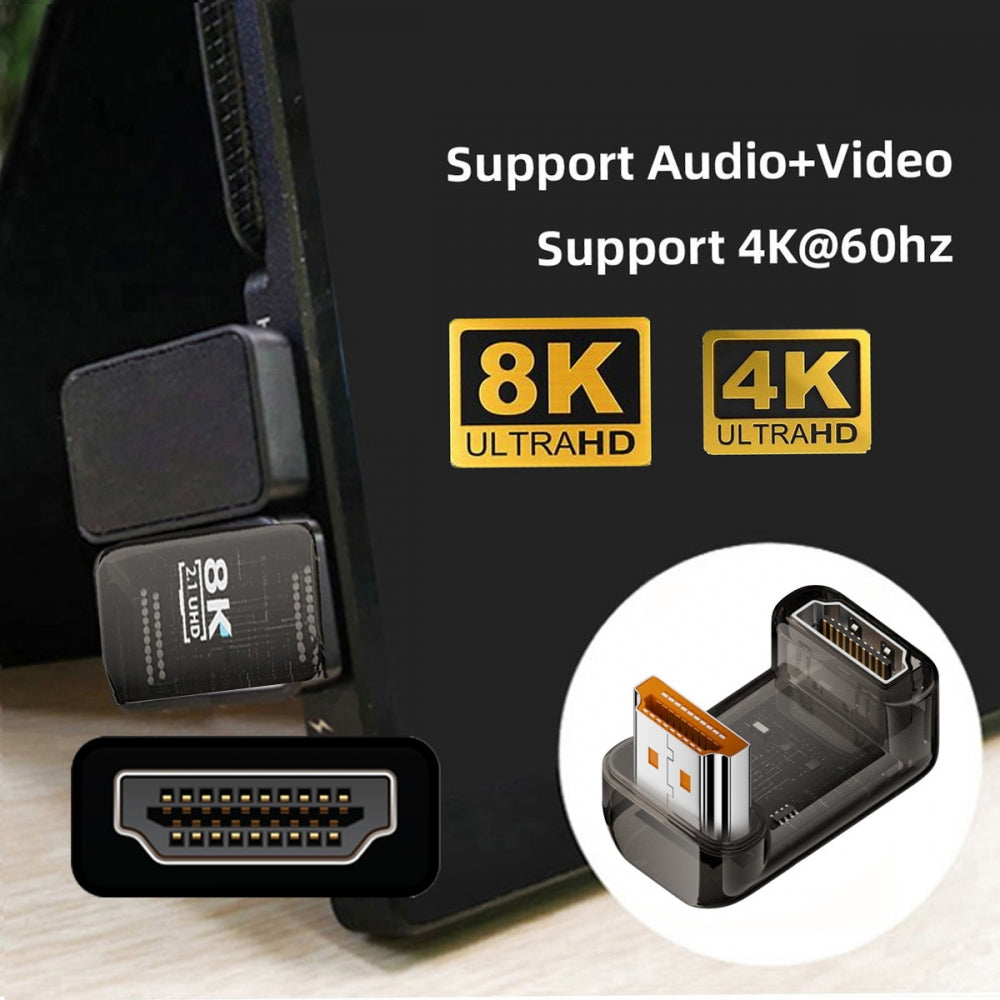 Up Angled 360 Degree Opposite U Shape Back HDMI Male to HDMI 2.1 Female UHD Extension Adapter Extender Transparent with Smart LED 8K 60hz HDTV