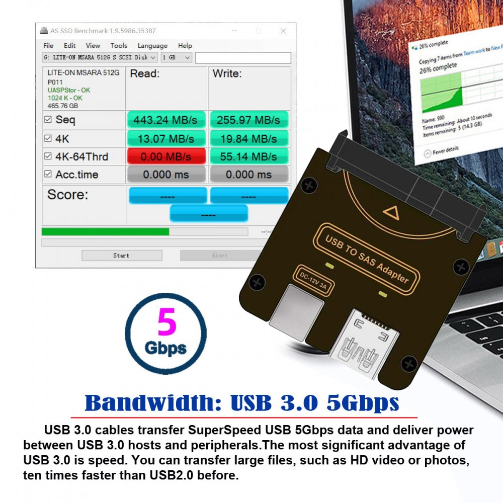 SFF-8482 SAS 29Pin to USB Type-C & Type-A 5Gbps Hard Disk Drive Raid Adapter with Chipset and Power Port (Need 12V/3A Power Supply)