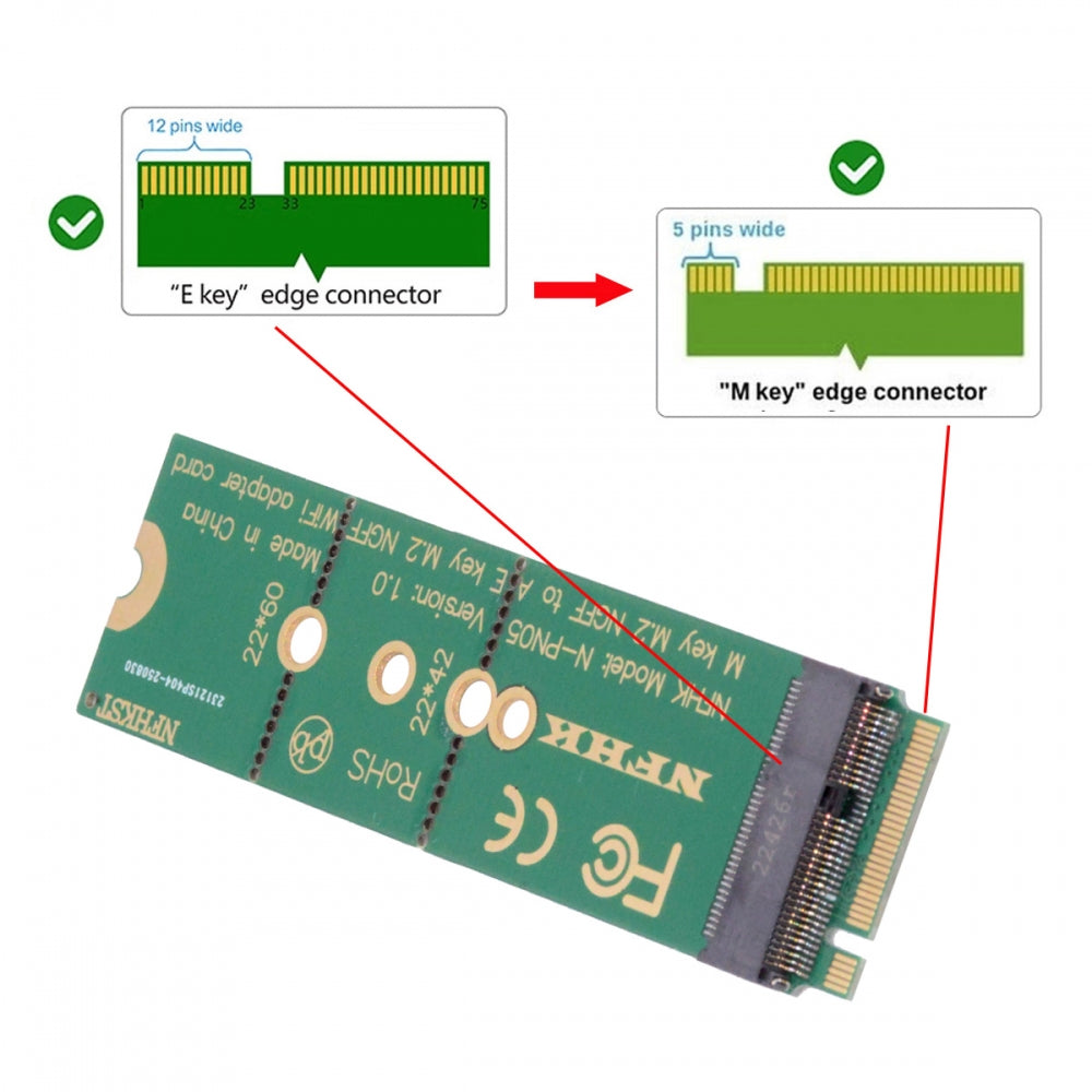 NGFF Key-E WiFi Riser Card Wireless to M.2 NGFF Key-M NVME SSD Adapter Compatible with Wifi6 WIFI7 Networking Card