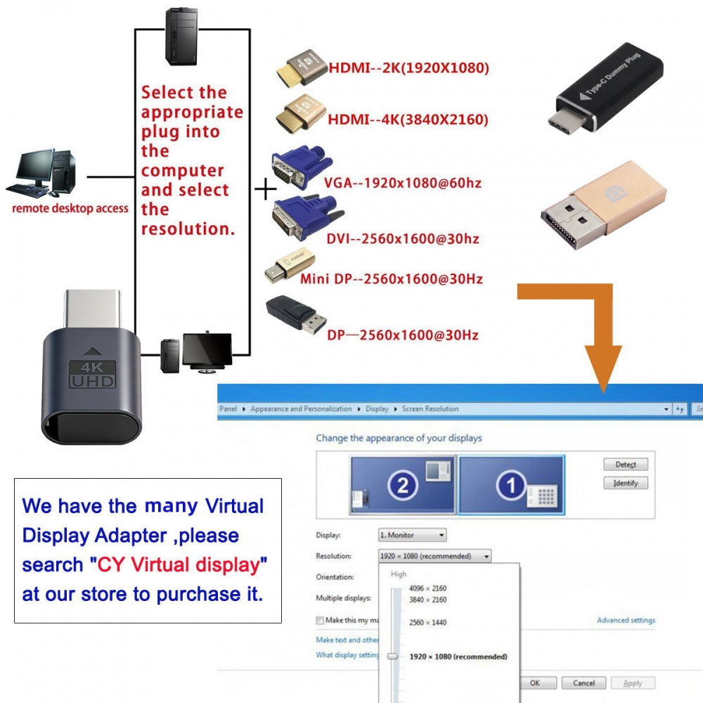 CY Mini-DP Virtual Display Adapter Mini Displayport Dummy Plug Headless Ghost Emulator 4K@17hz with LED Light Blue