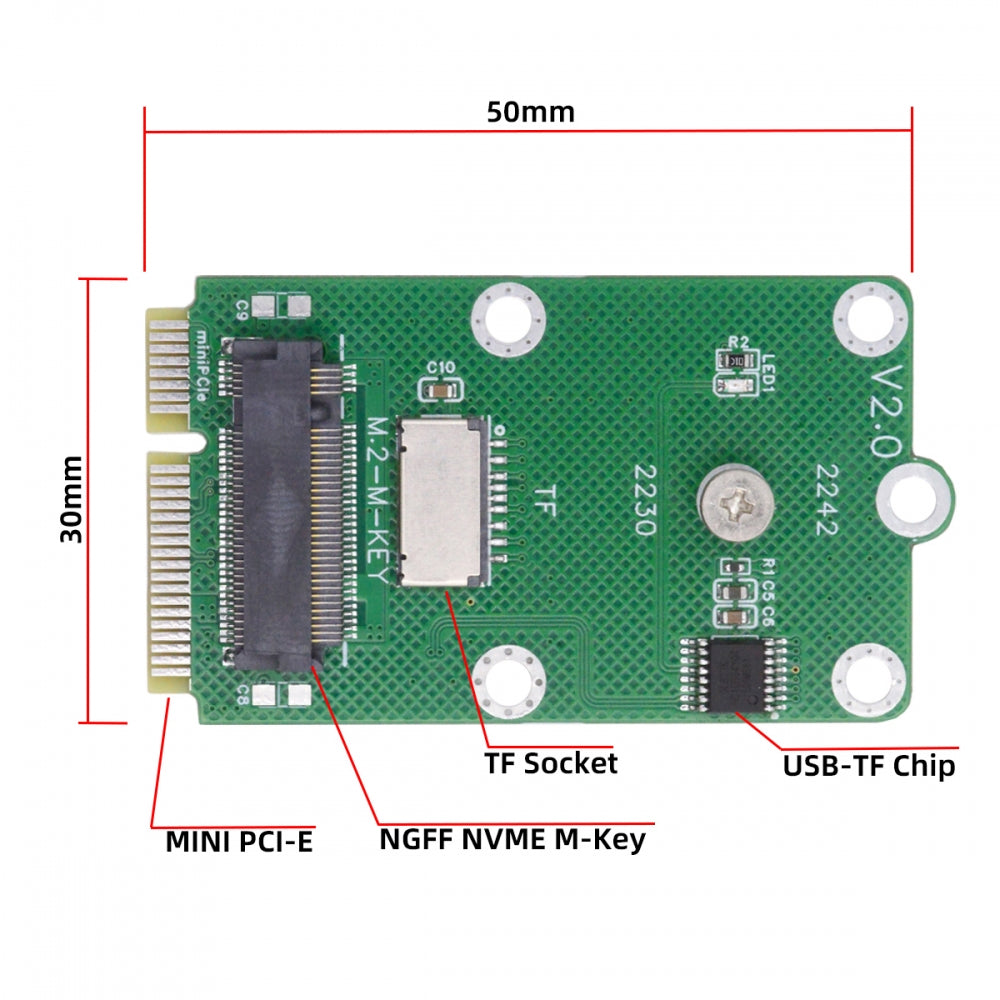Mini PCI-E Riser Card to USB2.0 TF Card & M.2 NGFF Key-M NVME SSD Adapter Compatible with NAS Industrial Control Motherboard